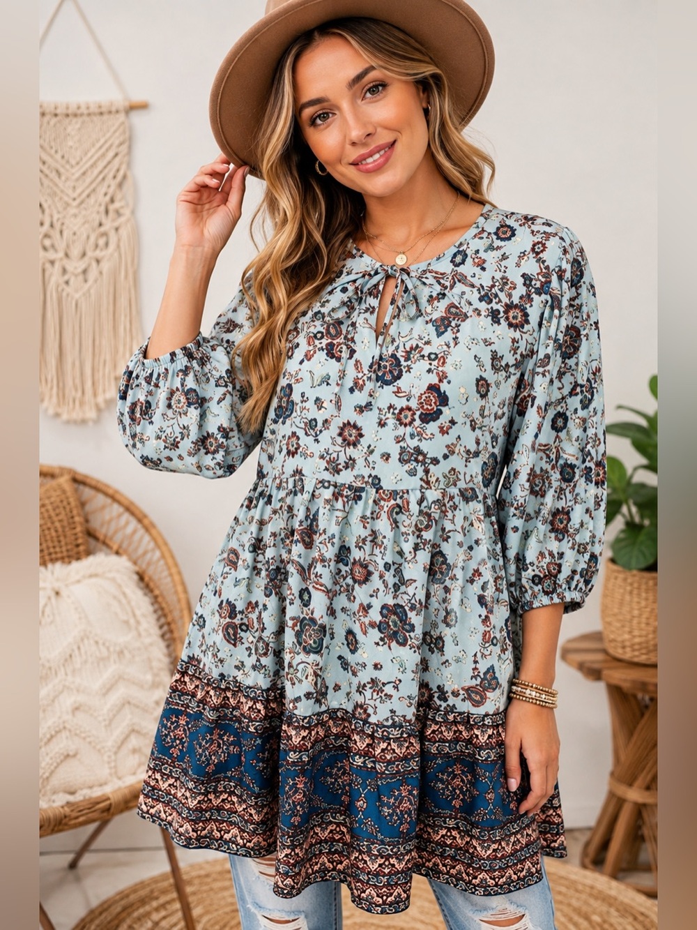 Band of Gypsies Boho Floral Paisley Babydoll Tunic Top Blue Tie Neck Size S